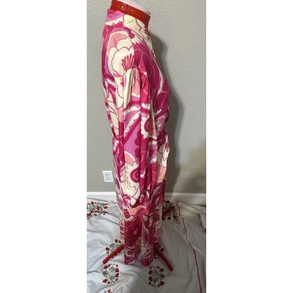 FARM‎ Rio Pink Floral Beaded Sleeve Button Front Midi Dress Womens S - Picture 3 of 9